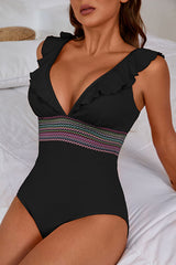 Color Block Ruffle Backless Elegant Plunge Swimsuit