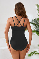 Solid Color Ribbed Criss Cross Cut Out Swimsuit With Metal Decor