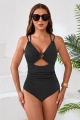 Solid Color Ribbed Criss Cross Cut Out Swimsuit With Metal Decor