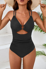 Solid Color Ribbed Criss Cross Cut Out Swimsuit With Metal Decor