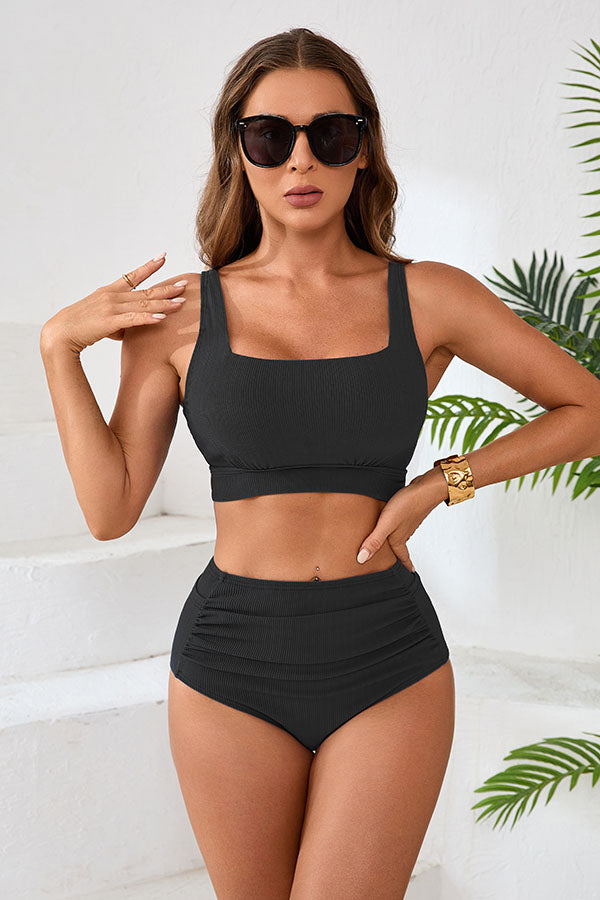 Square Neck High Waisted Ruching Beach Bikini Sets