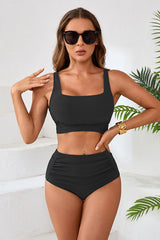 Square Neck High Waisted Ruching Beach Bikini Sets