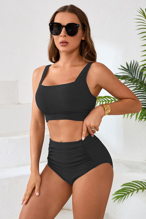 Square Neck High Waisted Ruching Beach Bikini Sets