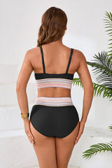 Striped Patchwork Spaghetti Strap High Waist Bikini Swimsuit