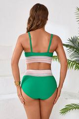 Striped Patchwork Spaghetti Strap High Waist Bikini Swimsuit