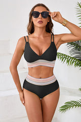 Striped Patchwork Spaghetti Strap High Waist Bikini Swimsuit