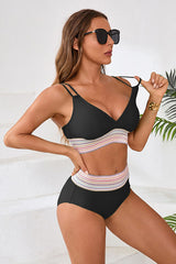 Striped Patchwork Spaghetti Strap High Waist Bikini Swimsuit