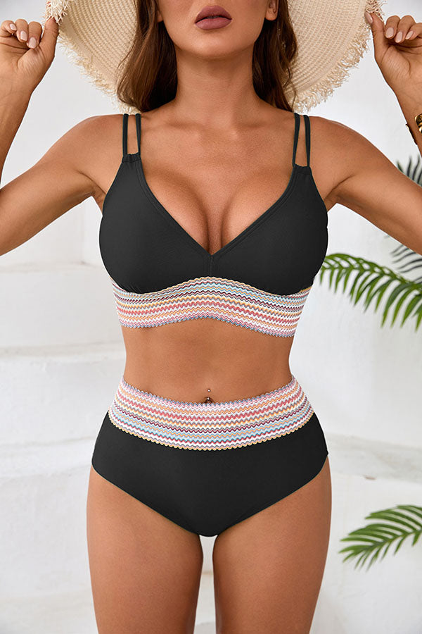 Striped Patchwork Spaghetti Strap High Waist Bikini Swimsuit