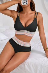 Striped Patchwork Spaghetti Strap High Waist Bikini Swimsuit