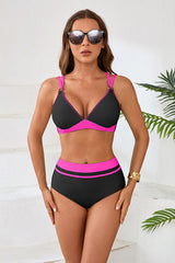 V Neck Criss Cross High Waisted Color Block Bikini Set