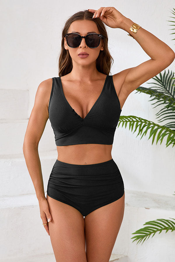 High Waisted Ruching Solid Color V Neck Bikini