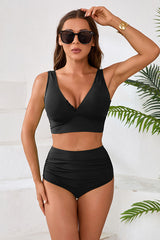 High Waisted Ruching Solid Color V Neck Bikini