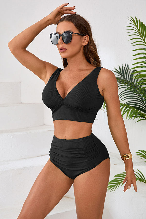 High Waisted Ruching Solid Color V Neck Bikini