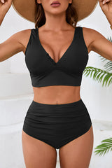 High Waisted Ruching Solid Color V Neck Bikini