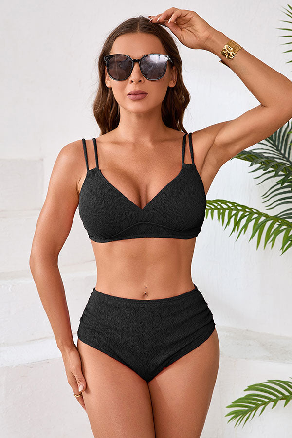 Solid Color Ruched High Waist Backless Bikini Set