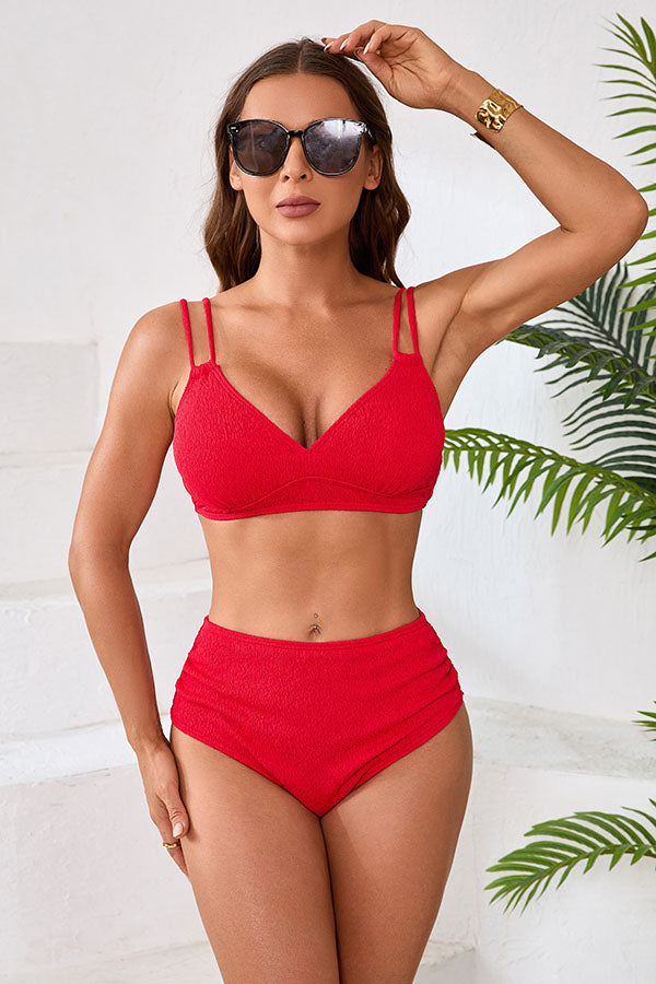 Solid Color Ruched High Waist Backless Bikini Set