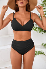 Solid Color Ruched High Waist Backless Bikini Set