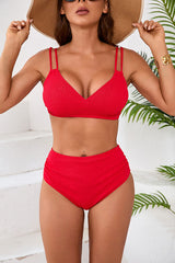 Solid Color Ruched High Waist Backless Bikini Set