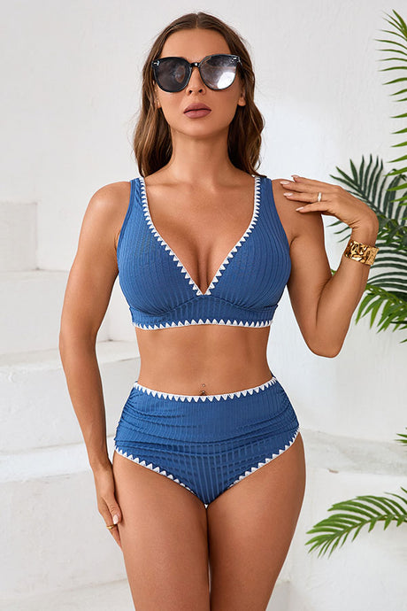 V Neck High Waisted Ruched Striped Texture Bikini Set