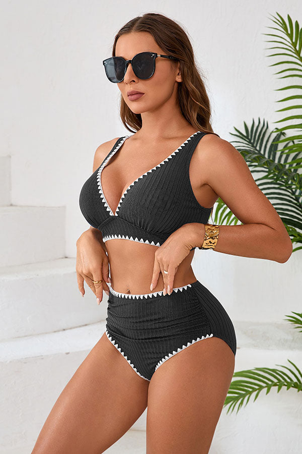 V Neck High Waisted Ruched Striped Texture Bikini Set