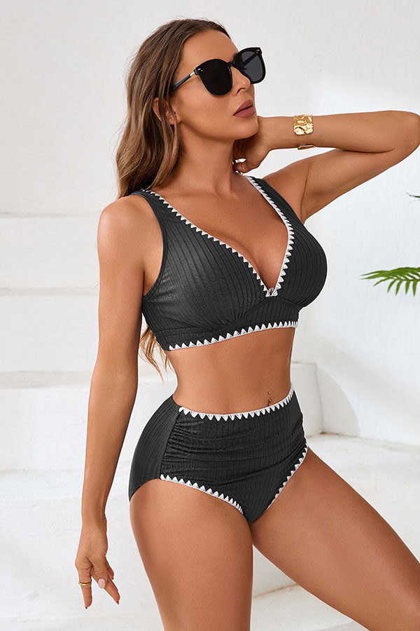 V Neck High Waisted Ruched Striped Texture Bikini Set