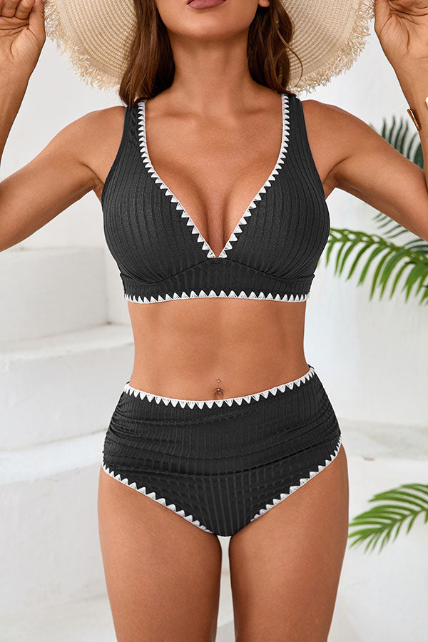 V Neck High Waisted Ruched Striped Texture Bikini Set