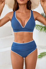 V Neck High Waisted Ruched Striped Texture Bikini Set