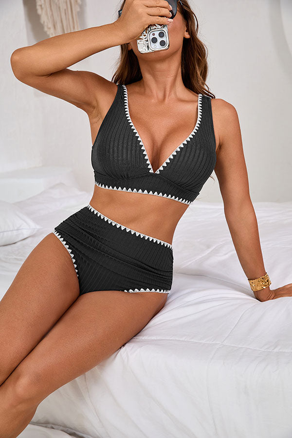 V Neck High Waisted Ruched Striped Texture Bikini Set