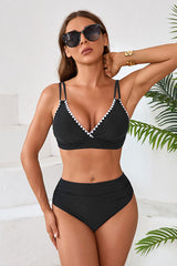 V Neck High Waisted Swimsuits Shell Stitched Bikini Sets