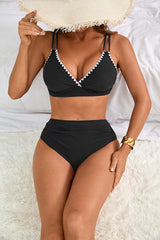 V Neck High Waisted Swimsuits Shell Stitched Bikini Sets