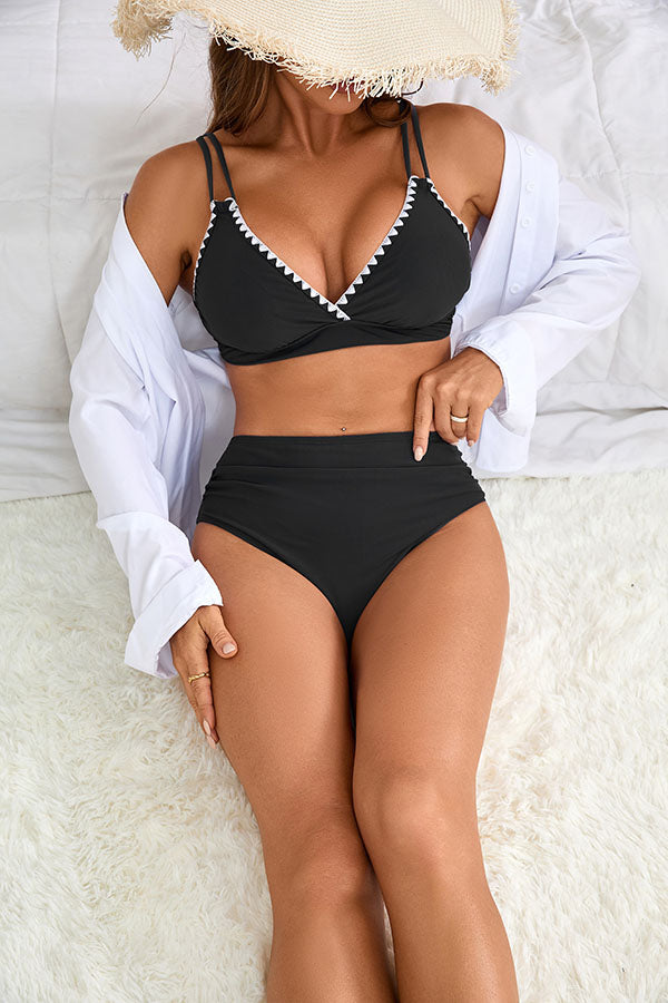 V Neck High Waisted Swimsuits Shell Stitched Bikini Sets