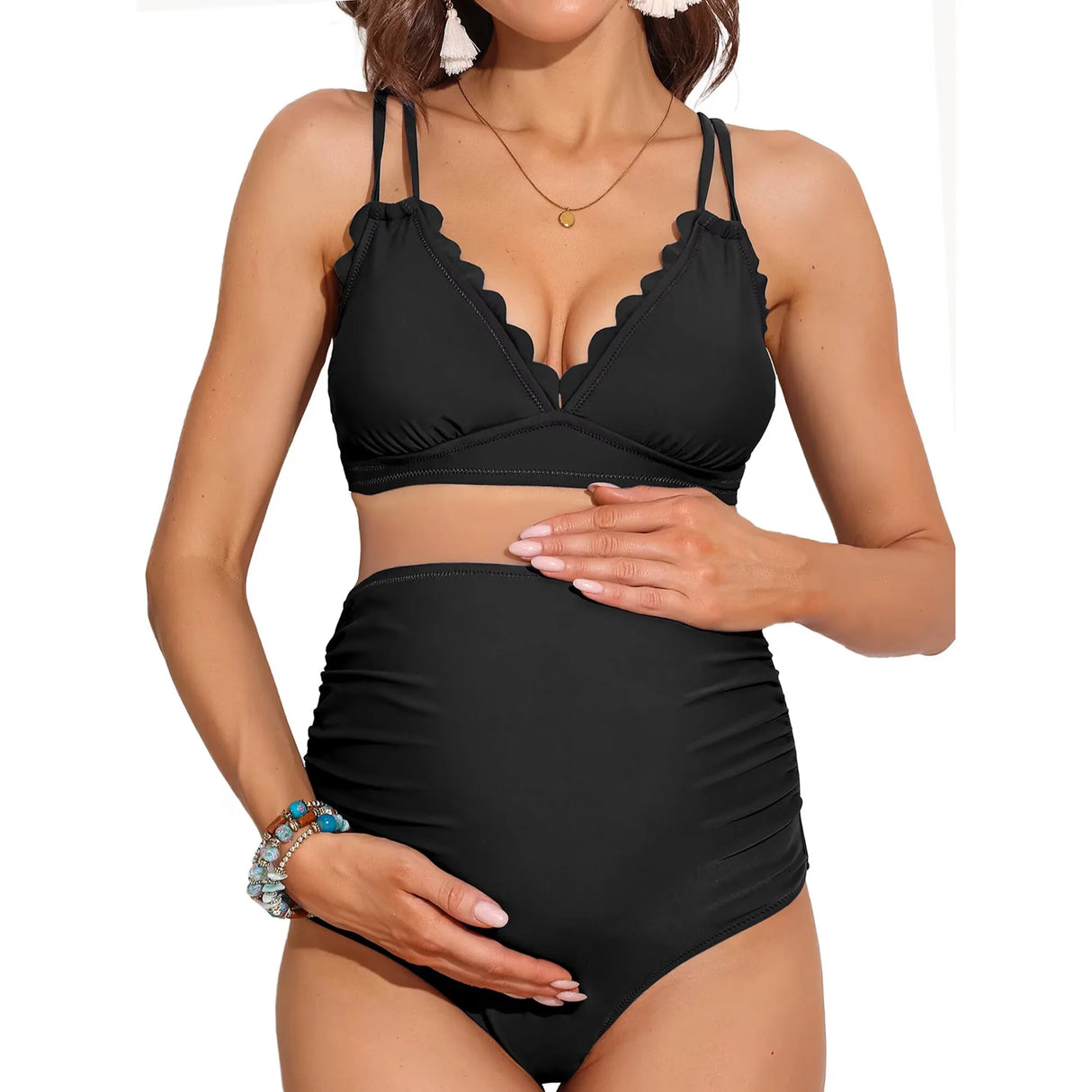 Sociala Women's Double Straps Maternity Bikini Set Two Piece Scalloped Bathing Suit Swimsuit