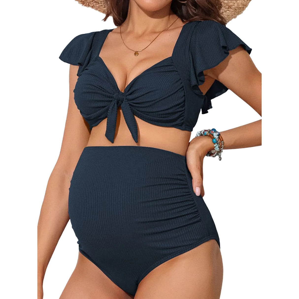 Sociala Maternity Ribbed Bikini Sets Ruffle Sleeve High Waisted Bathing Suit Two Piece Swimsuit