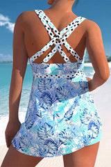 Plus Size Floral Wide Strap Cirss Cross Tummy Control Swimdress