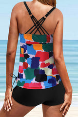 Color Block Spegatti Strap Bowknot Tummy Control Tankini Swimsuits