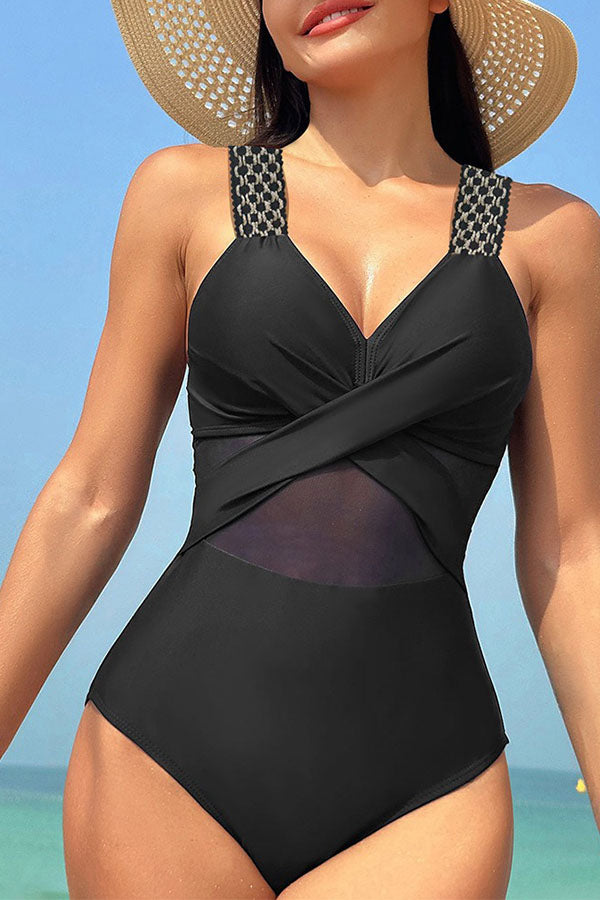 Solid Lace Up Cirss Cross One Piece Swimsuit