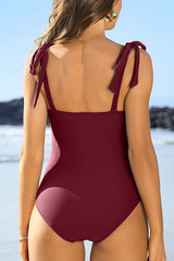 Ruched Tie Shoulder Wine One Piece Swimsuit