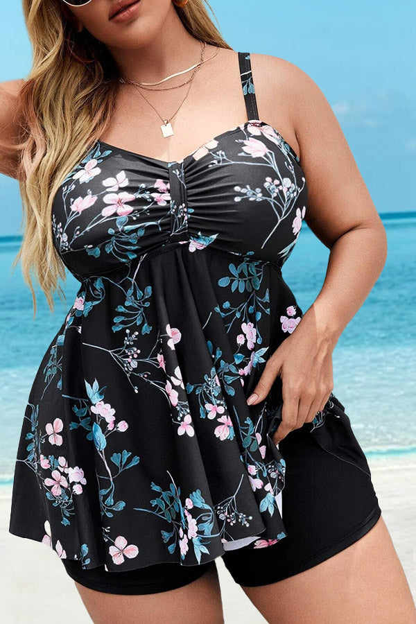 Plus Size Floral Print V Neck Adjustable Shoulder Strap Swimdress