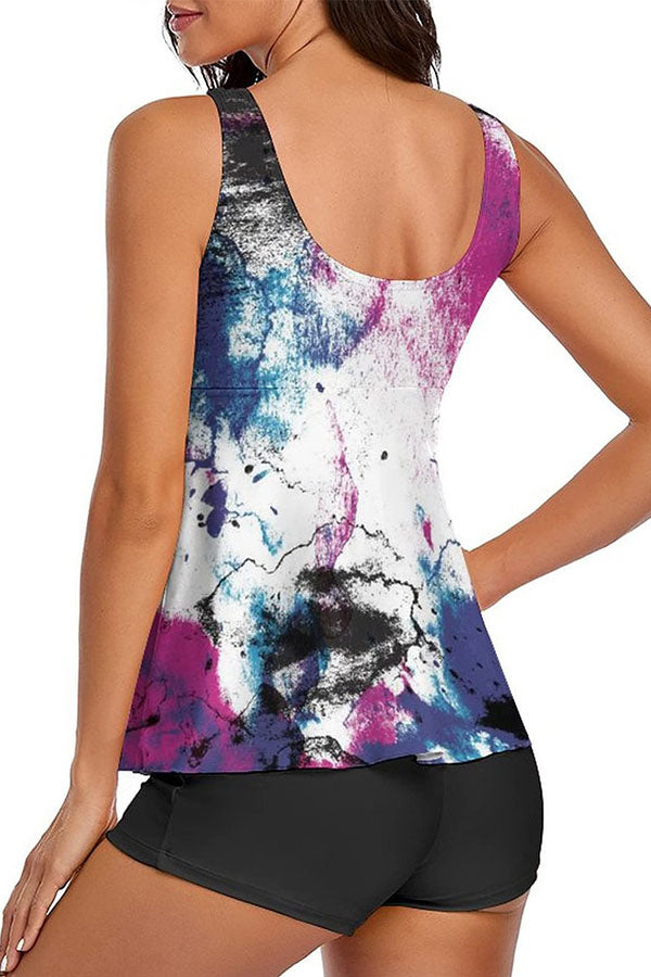 Tie Dye Wide Strap Tummy Control Bowknot Tankini Swimsuits