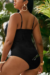 Plus Size Black Color Square Neck Cut Out One Piece Swimsuit