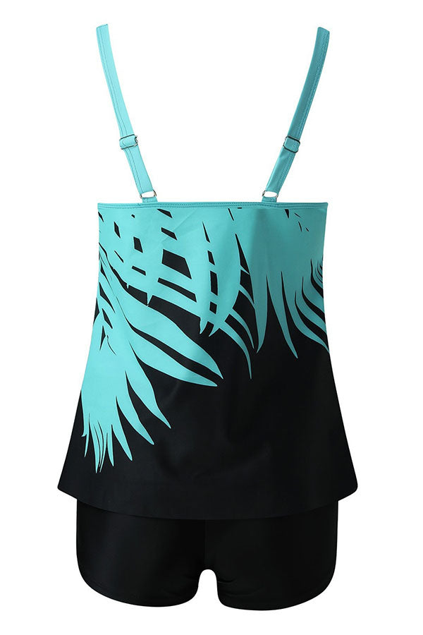 Leaves Pattern Adjustable Straps High Waist Tankini Swimsuits