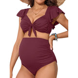 Sociala Maternity Ribbed Bikini Sets Ruffle Sleeve High Waisted Bathing Suit Two Piece Swimsuit