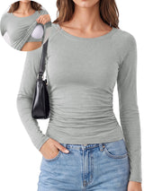 Charmo Women's Built-in Bra Long Sleeve Slim Shirts Scoop Neck Tight Basic Tops Casual Workout Outfits