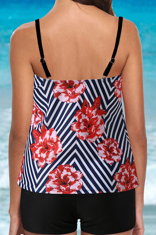 Floral &Striped Pattern Tummy Control High Waist Tankini Swimsuits