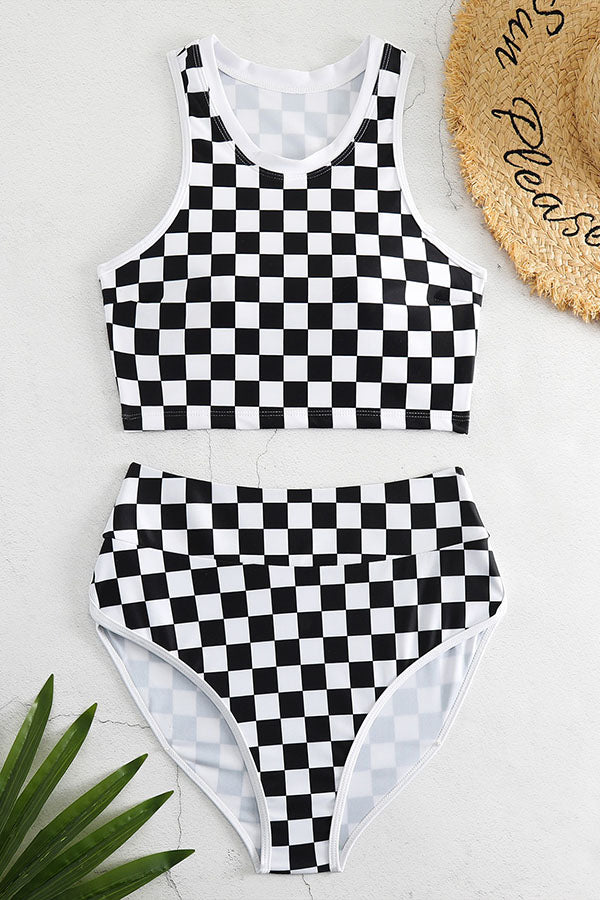 U Neck Wide Straps High Waisted Checkerboard Print Modest Bikini Suits