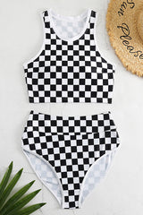 U Neck Wide Straps High Waisted Checkerboard Print Modest Bikini Suits