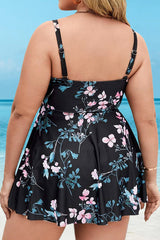 Plus Size Floral Print V Neck Adjustable Shoulder Strap Swimdress