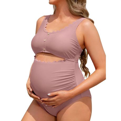 Sociala Maternity Square Neck One Piece Swimwear for Womens Modest Cut Out Bathing Suits Pregnancy Swimsuit
