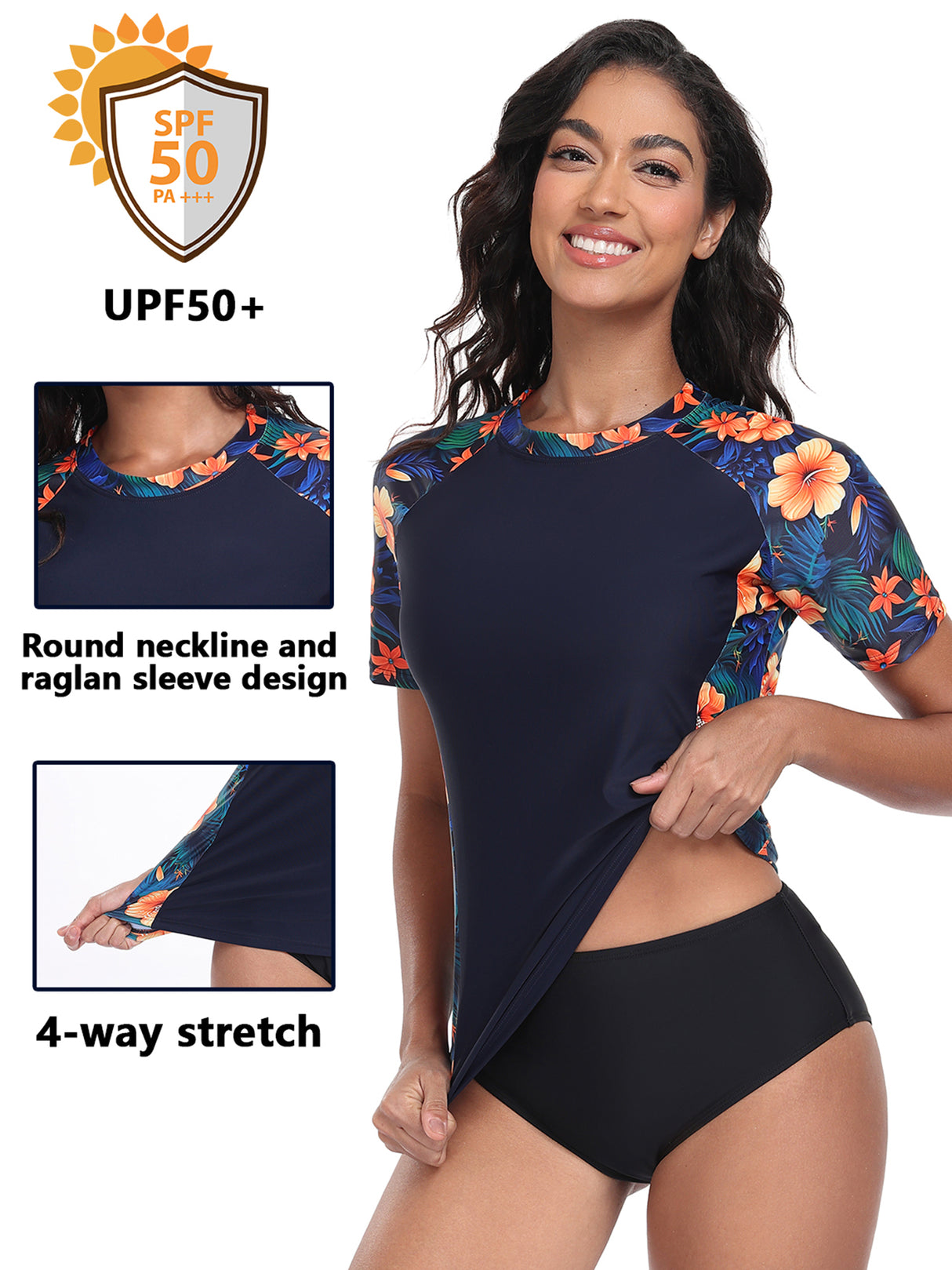 Charmo Short Sleeve Swimsuit Tops for Womens Sun Protection UPF 50+ Rash Guard Quick Dry Swim Shirts