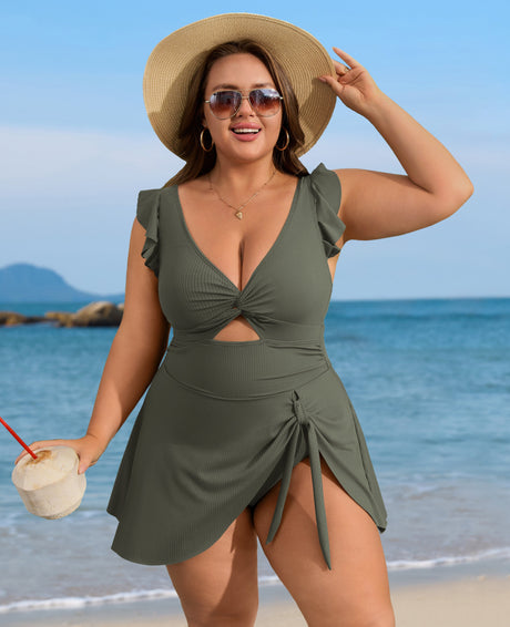 Plus Size V Neck Cut Out Tie Side Ruffle Swimdress